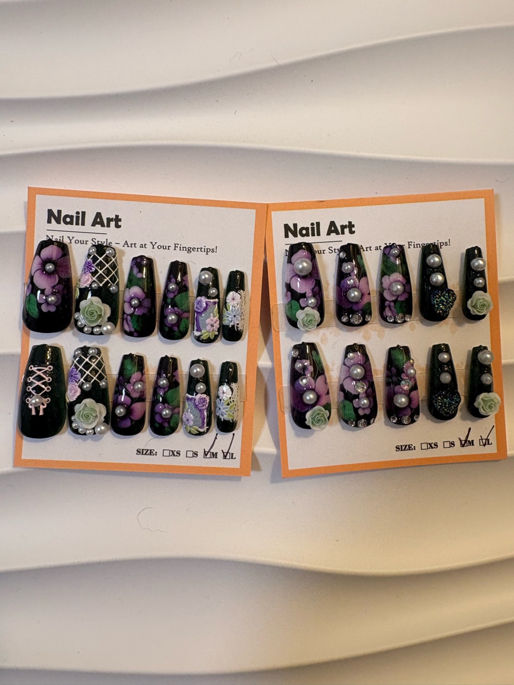 3D Floral Pearl Black Press-On Nails - Purple & Green Accents